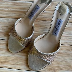 Jimmy Choo Gold and Pink Glitter Diamond Cut Out Slide Sandals 38.5 8.5